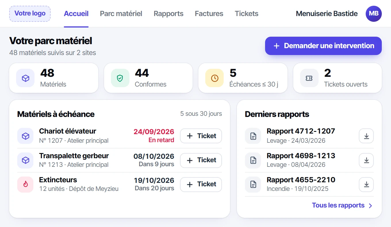 Extranet client Octav : matériels à échéance et demandes d’intervention