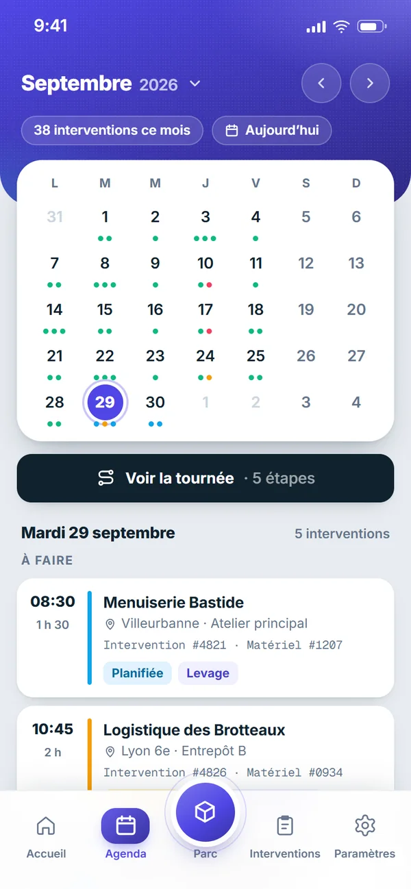 Agenda et tournée du contrôleur dans l’application VGP Octav