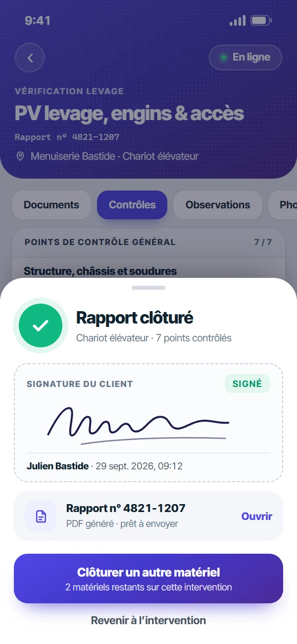 Clôture d’un rapport de contrôle VGP dans l’application mobile Octav : signature du client et rapport PDF