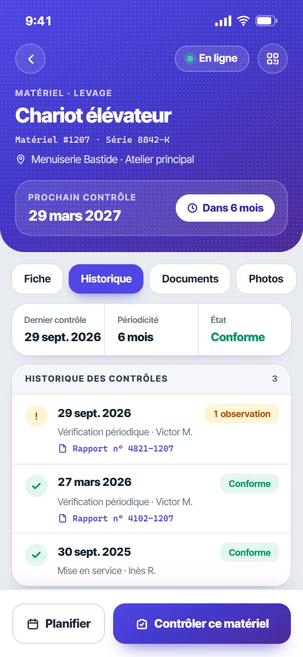 Fiche d’un matériel dans l’application VGP Octav : prochain contrôle et historique des vérifications