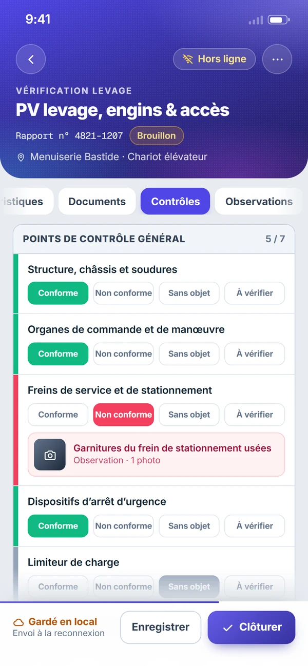Rapport de contrôle levage rempli hors ligne dans l’application VGP Octav