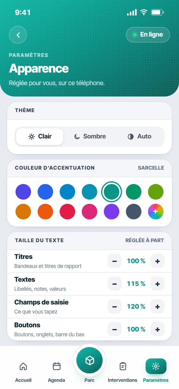 Réglages d’apparence de l’application VGP Octav : thème, couleur d’accentuation et taille du texte