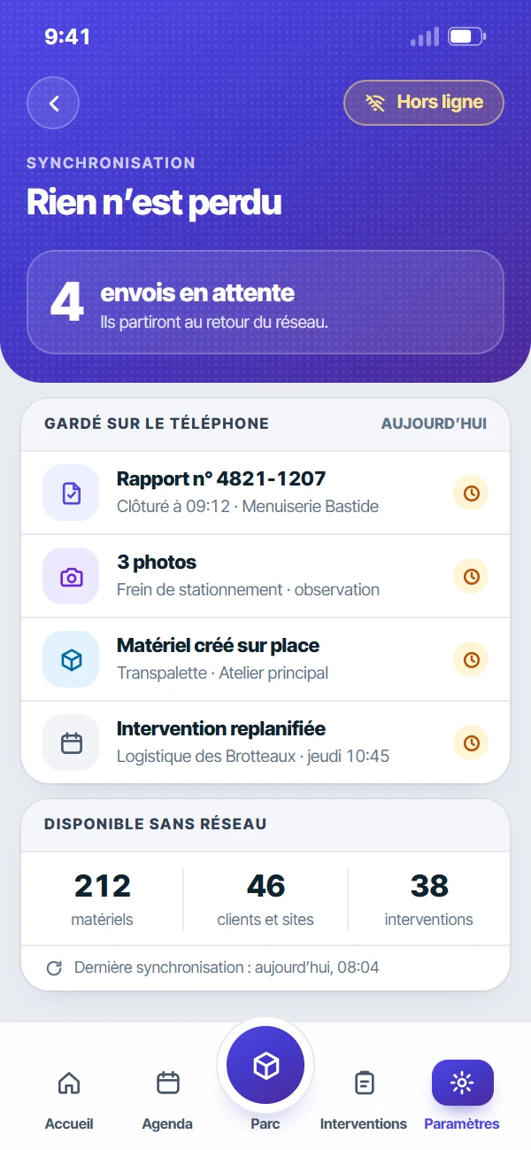 Application VGP Octav hors ligne : rapports, photos et matériels gardés sur le téléphone en attendant le réseau